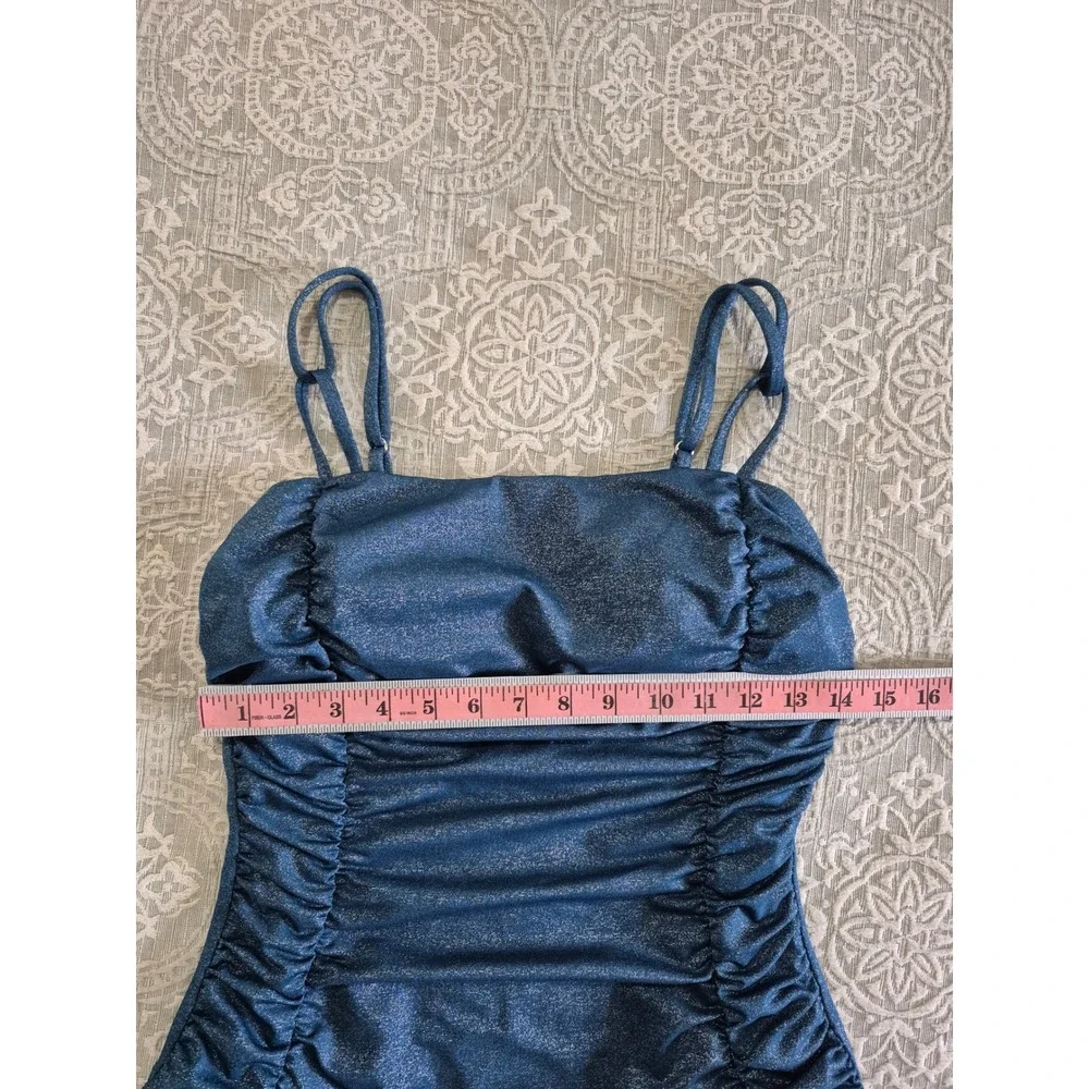 Cupshe Blue‎ Glitter Ruched One Piece Swimsuit Shimmer Square Neck Large